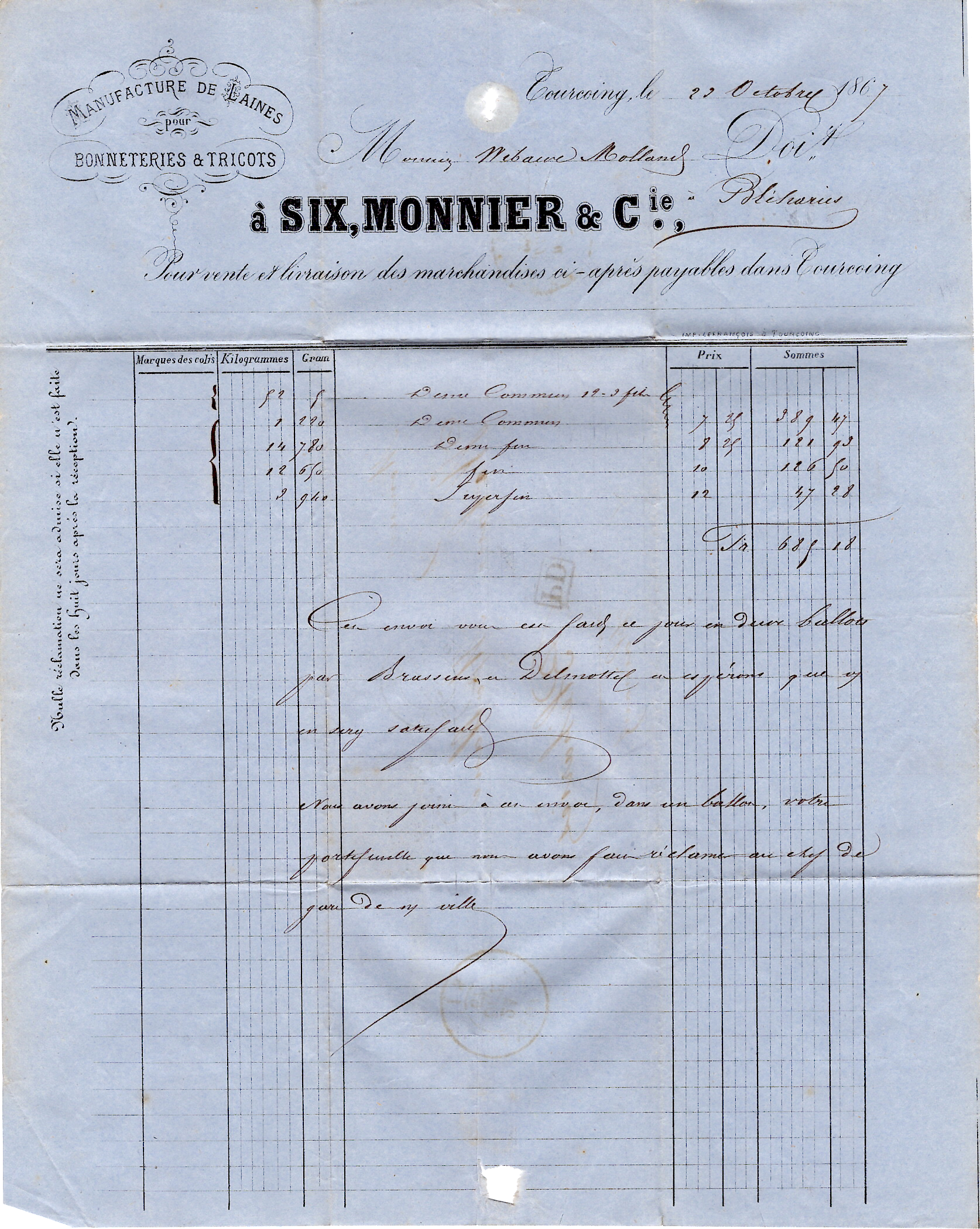 2 N° 22 GC 3987 TYPE 15 TOURCOING 23 OCT 1867 LETTRE  FACTURE BONNETRIE POUR HAINAUT BELGIQUE TARIF FRONTALIER