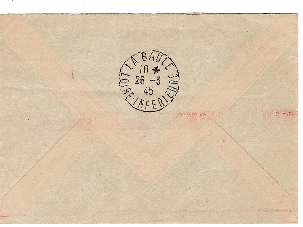 1 PETAIN 1FR20 GRIFFE TAXE PERCUE LETTRE POSCHE ST NAZAIRE GUERANDE 24.3.1945 + EMA 0.50 POUR LA BAULE
