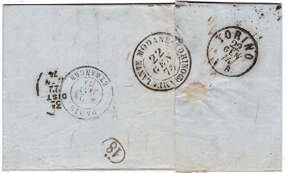 1 CERES 5C+10C+25C LETTRE GC 6315 LILLE 20 JANV 1874 POUR ITALIE TRICOLORE