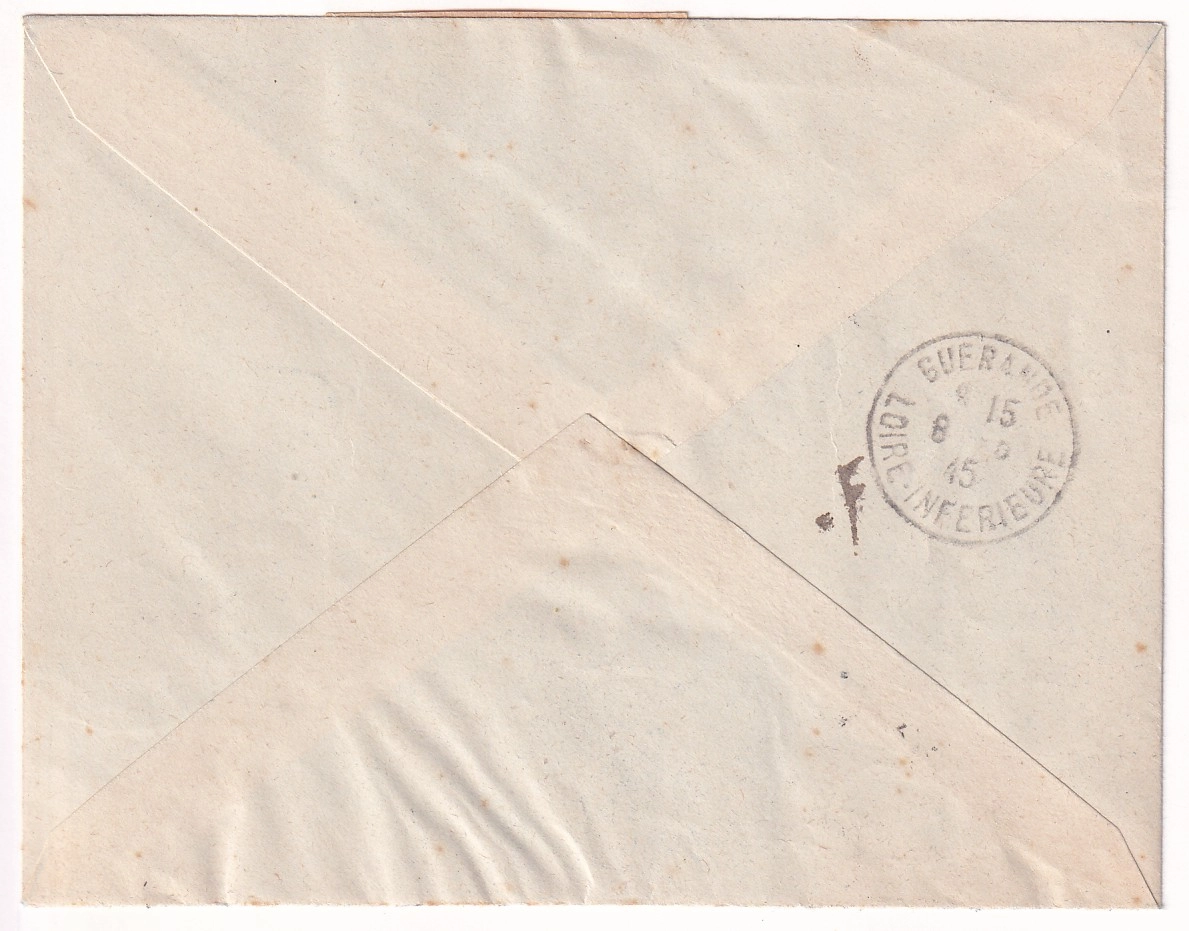 1 TIMBRE DE GUERRE N°8 RECOMMANDE GUERANDE SURCHARGE TAXE PERCUE POCHE DE ST NAZAIRE 7 MAI 1945 LOIRE INFERIEURE