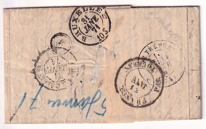 1 BALLON MONTE LE DUQUESNE PARIS 6 JANVIER 1871POUR LE TREPORT SEINE INFERIEURE REEXPEDIE BRUXELLE BELGIQUE TAXE TAMPON 3 ARRIVE LE 11.01.1871