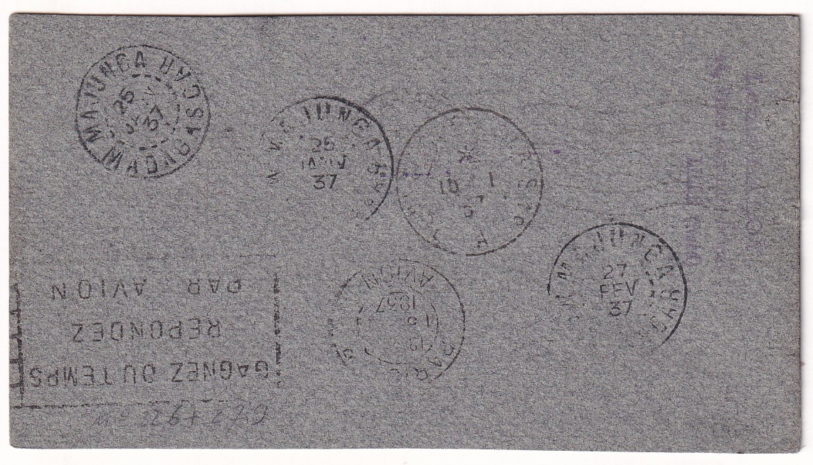 1 N°279 326 LILLE NORD 1937 CARTE POSTALE PAR AVION MAJUNGA MADAGASCAR RETOUR ENVOYEUR