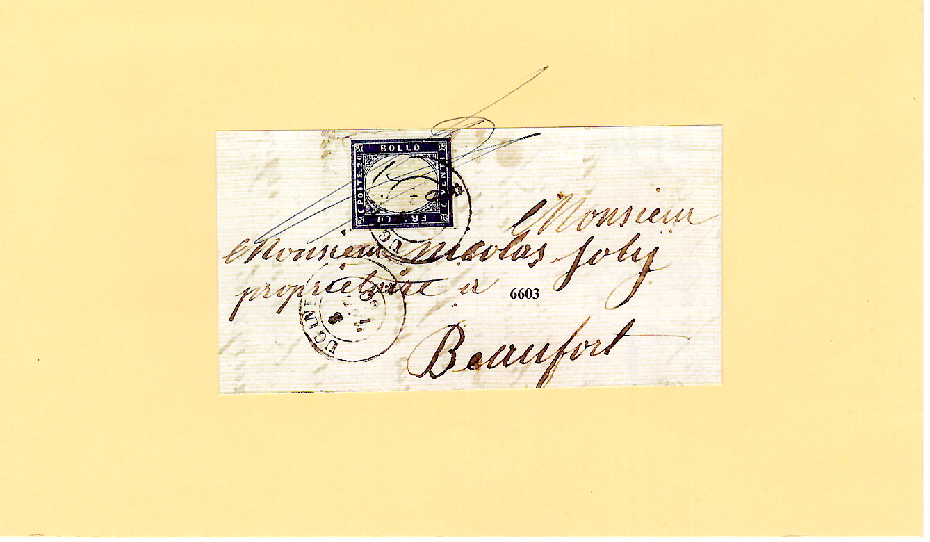 5 SARDE 20C LETTRE UGINE 8. JAN 1860 POUR BEAUFORT SAVOIE + CERTIFICAT