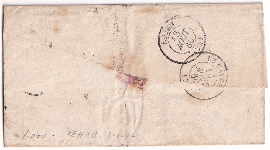 1 N°14 HONFLEUR BATEAU A VAPEUR 1860 POUR ROUEN SEINE INFERIEURE SUR TIMBRE PC 1496 LE HAVRE