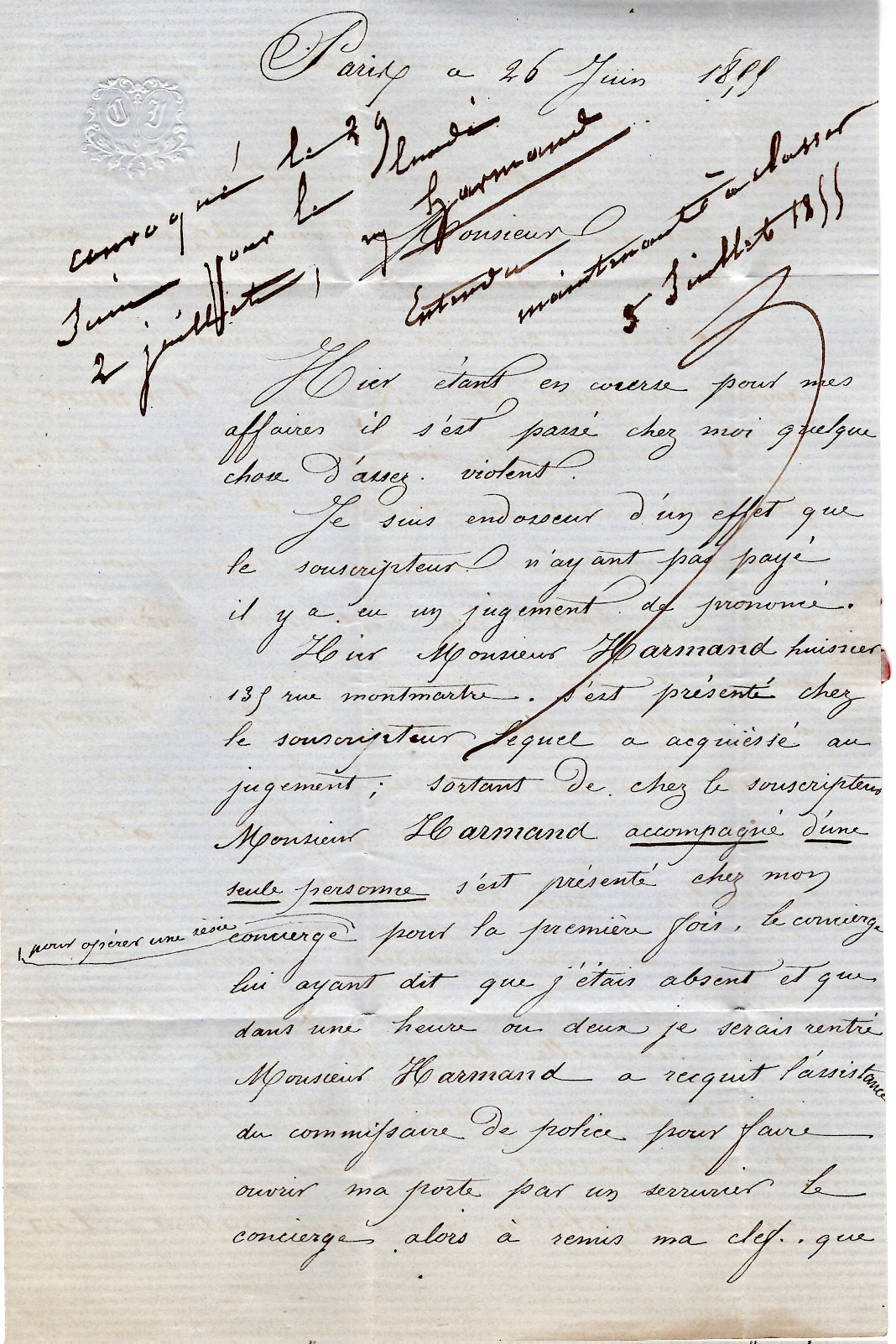 2 N° 14 ETOILE MUETTE PARIS POUR PARIS 1859 LETTRE DOUBLE PORT LOCAL