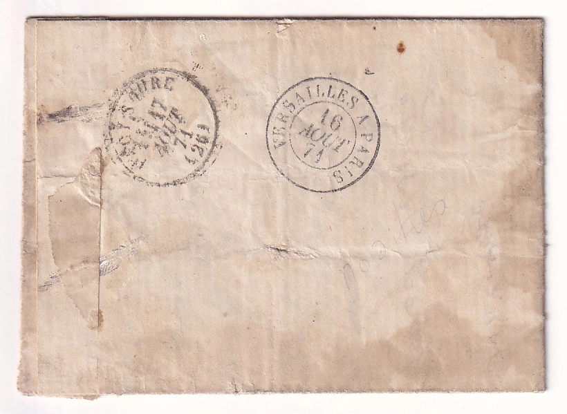 1 LETTRE DE VERSAILLES 16 AOUT 1871 D'UN DETENU A LA PRISON MILITAIRE RUE DE NOAILLES POUR PASSY EURE  DETENU CHARLES CHEVALIER CONDAMNE AUX TRAVAUX FORCES COMMUNE DE PARIS