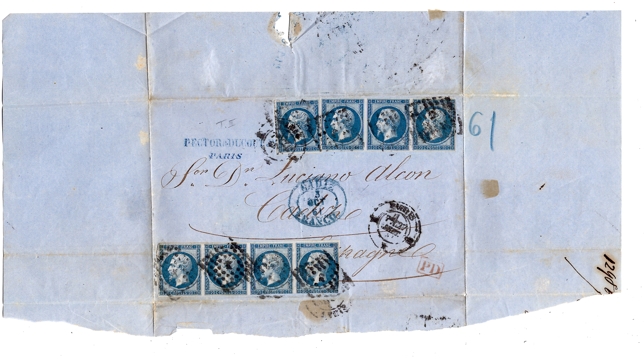 2 N° 14B BANDE DE 4+ BANDE DE 3+1 LETTRE LOSANGE K PARIS K 1861 CADIZ ESPAGNE ESPANA