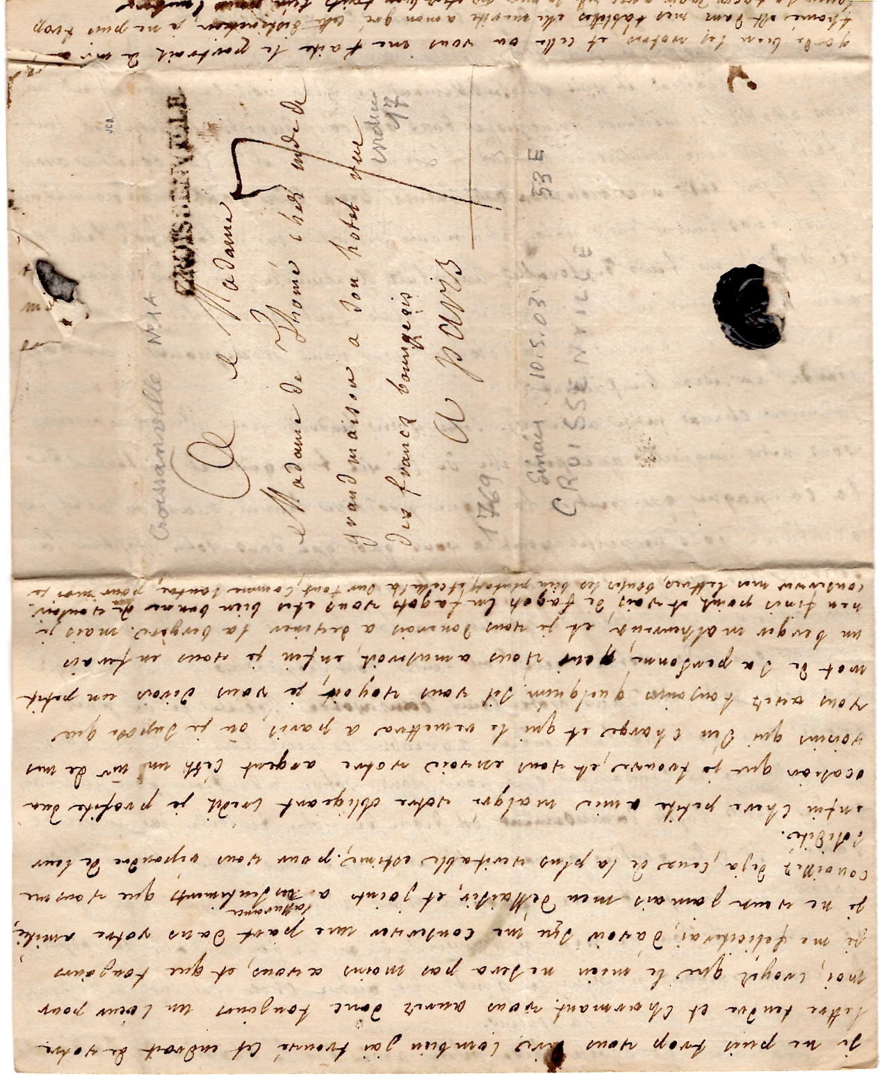 5 CALVADOS MARQUE CROISSANVILLE LENAIN N°1A 1769 LETTRE POUR PARIS