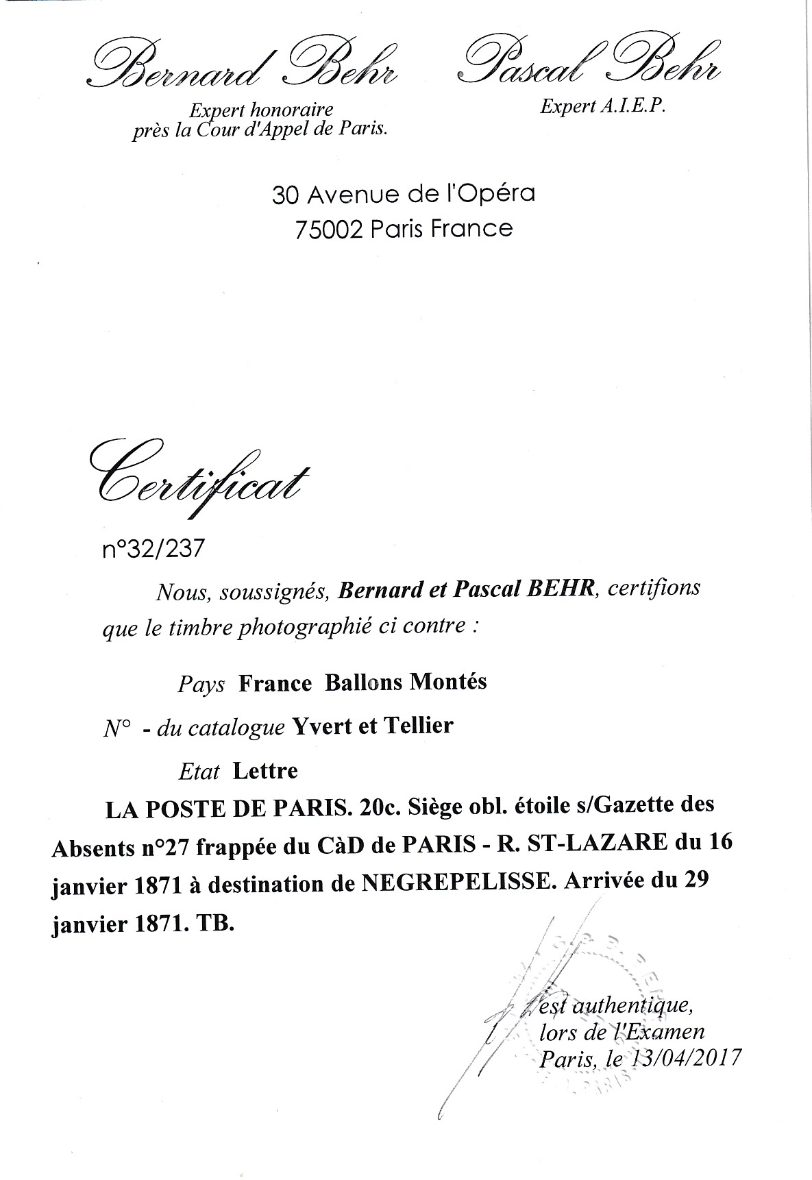 4 BALLON MONTE LA POSTE DE PARIS 16 JANV 1871 POUR NEGREPELISSE TARN ET GARONNE ARRIVE 29 JANVIER GAZETTE DES ABSENTS N°27