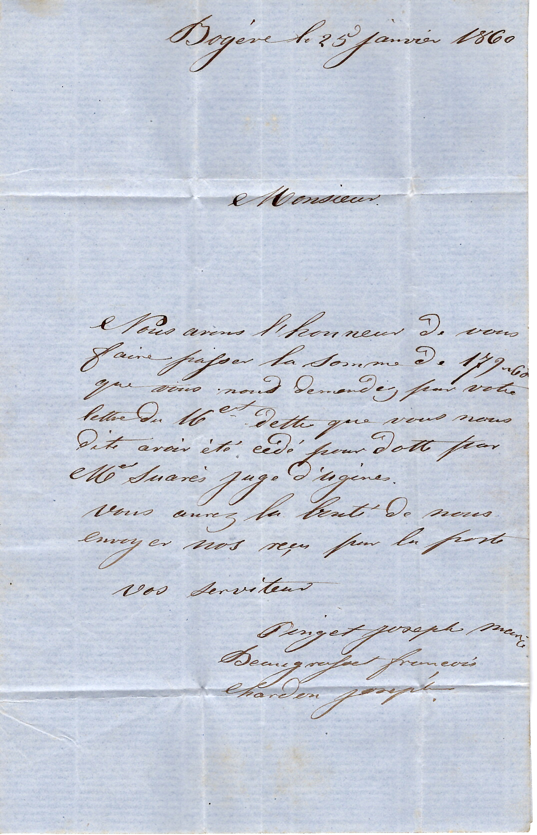 2 SARDE 20C ST JEOIRE 26 JANV 1860 LETTRE ECRITE BOGEVE POUR ANNECY HAUTE SAVOIE