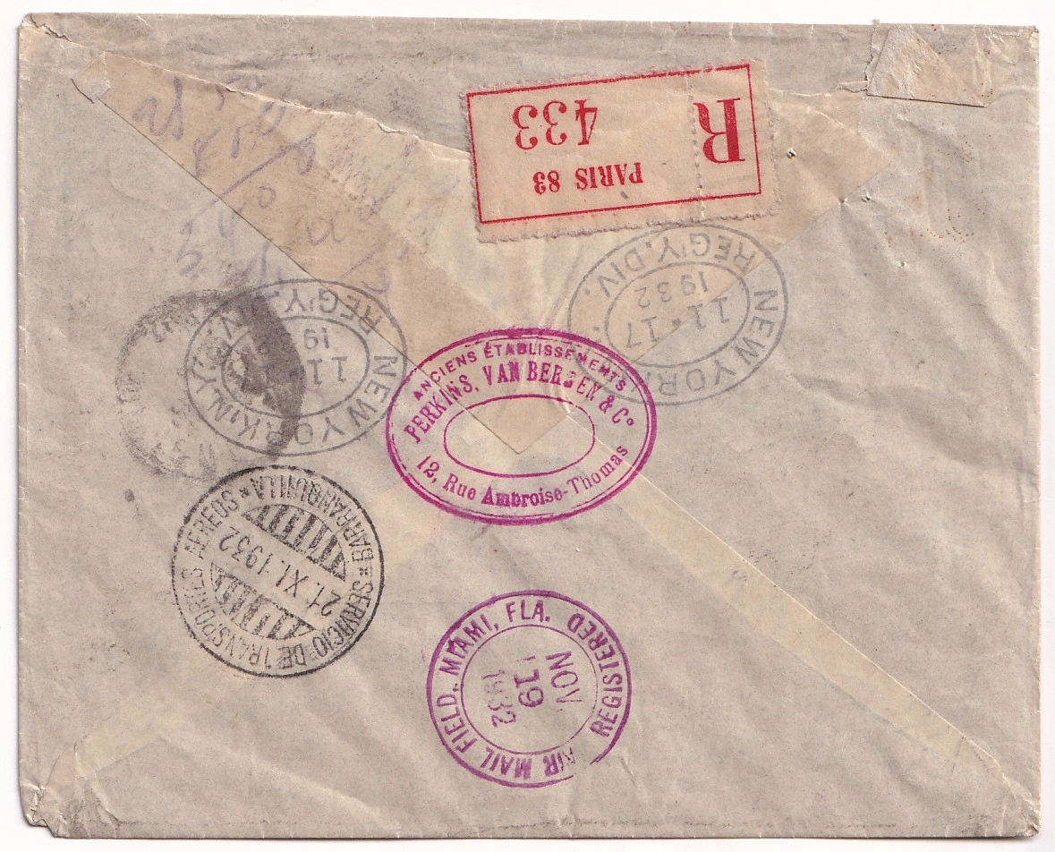 1 N°262 X2 258 285 RECOMMANDE PAR AVION VIA NEW YORK ET MIAMI USA 1932 POUR BARRANQUILLA COLOMBIE