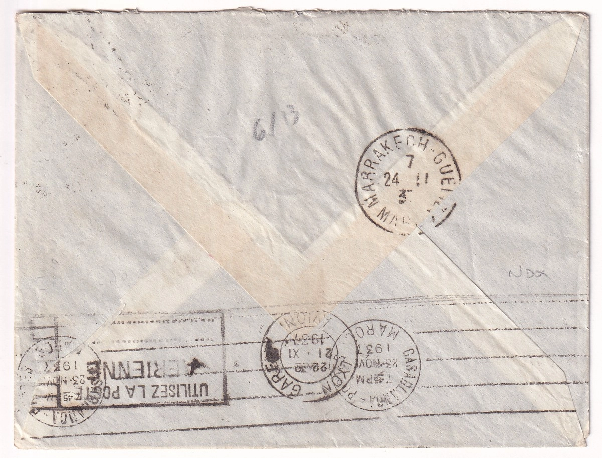 1 N°359 PAIX SEUL SUR LETRE FM PAR AVION LYON RHONE 1937 POUR MARRAKECH MAROC