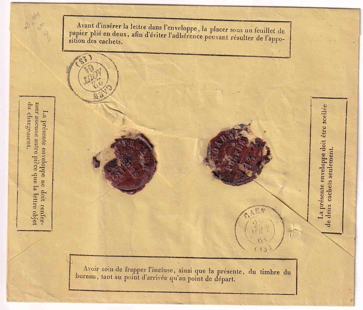 1 N°14 ENVELOPPE TAXE CHARGE D'OFFICE + LETTRE DE TROARN CALVADOS 1861