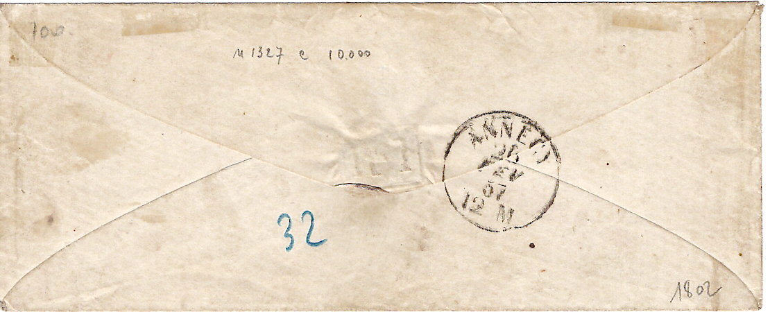 1 SARDE 20C 4 BELLES MARGES LETTRE EVIAN 25 FEVR 1857 POUR ANNECY HAUTE SAVOIE