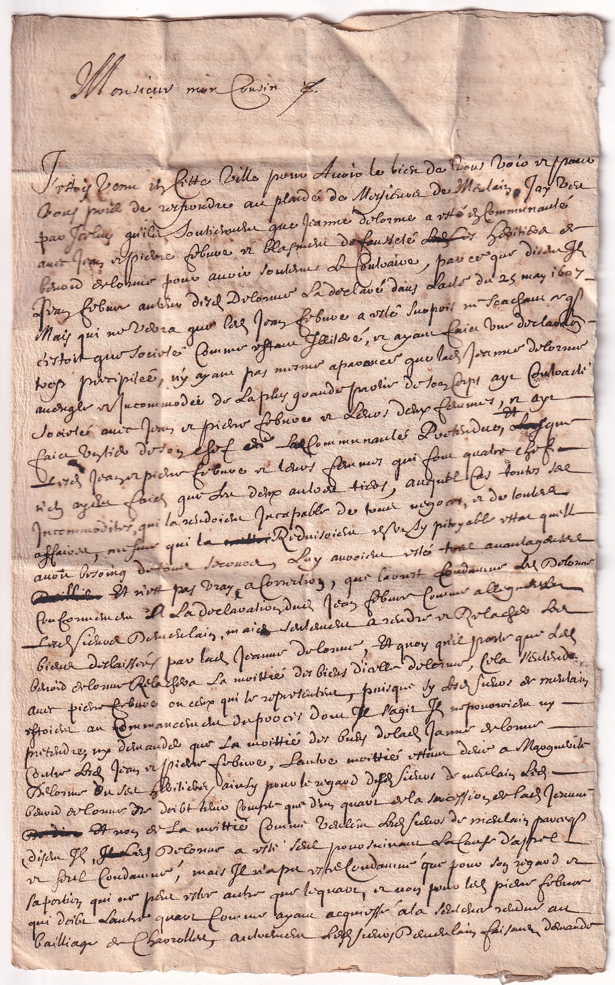 1 LETTRE LOCALE DE 1665 CHAROLLES POUR CHAROLLES SAONE ET LOIRE