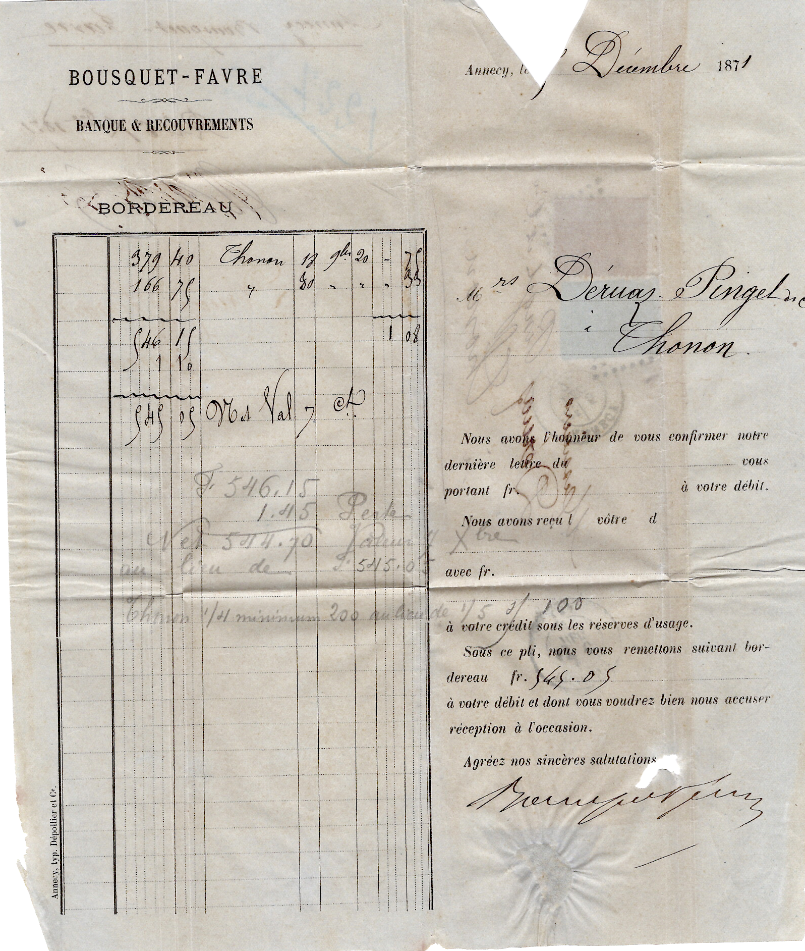 2 BORDEAUX 5C + SIEGE 20C LETTRE GC 110 ANNECY 5 DEC 1871 HAUTE SAVOIE