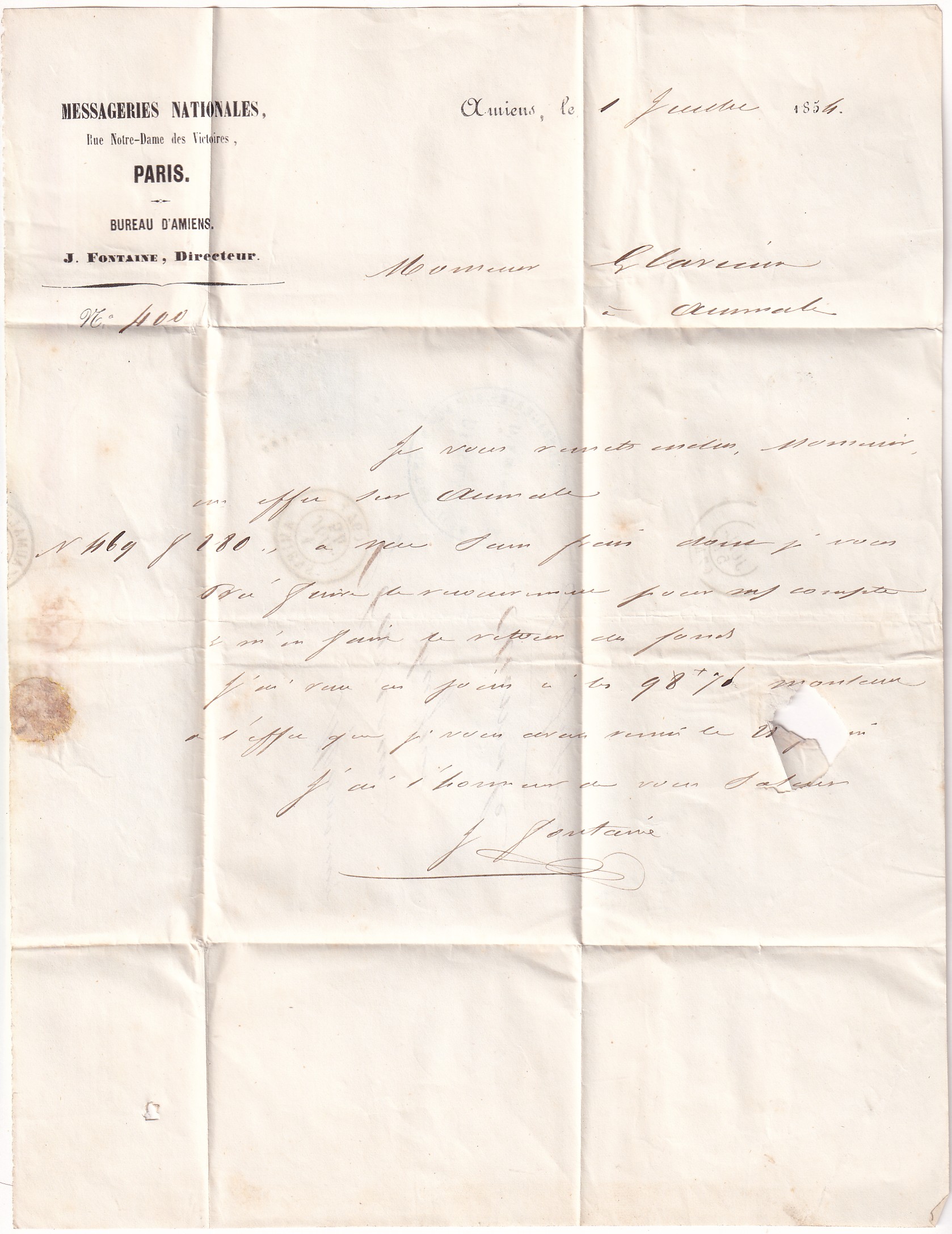 2 N°14 PC 65 AMIENS SOMME DU 1ER JUILLET 1854 1ER JOUR TARIF A 20C