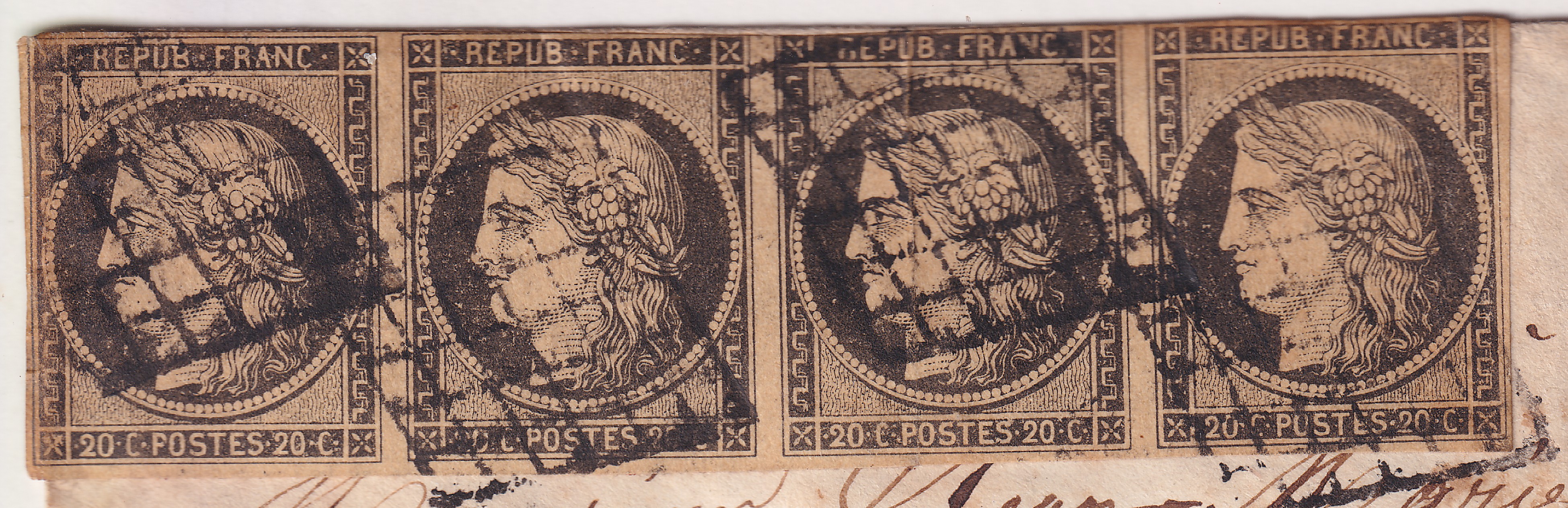 1 N°3 BANDE DE 4 GRILLE PARIS BUREAU J 16 JUIN 1849 POUR MOUTIERS SAVOIE ETATS SARDES