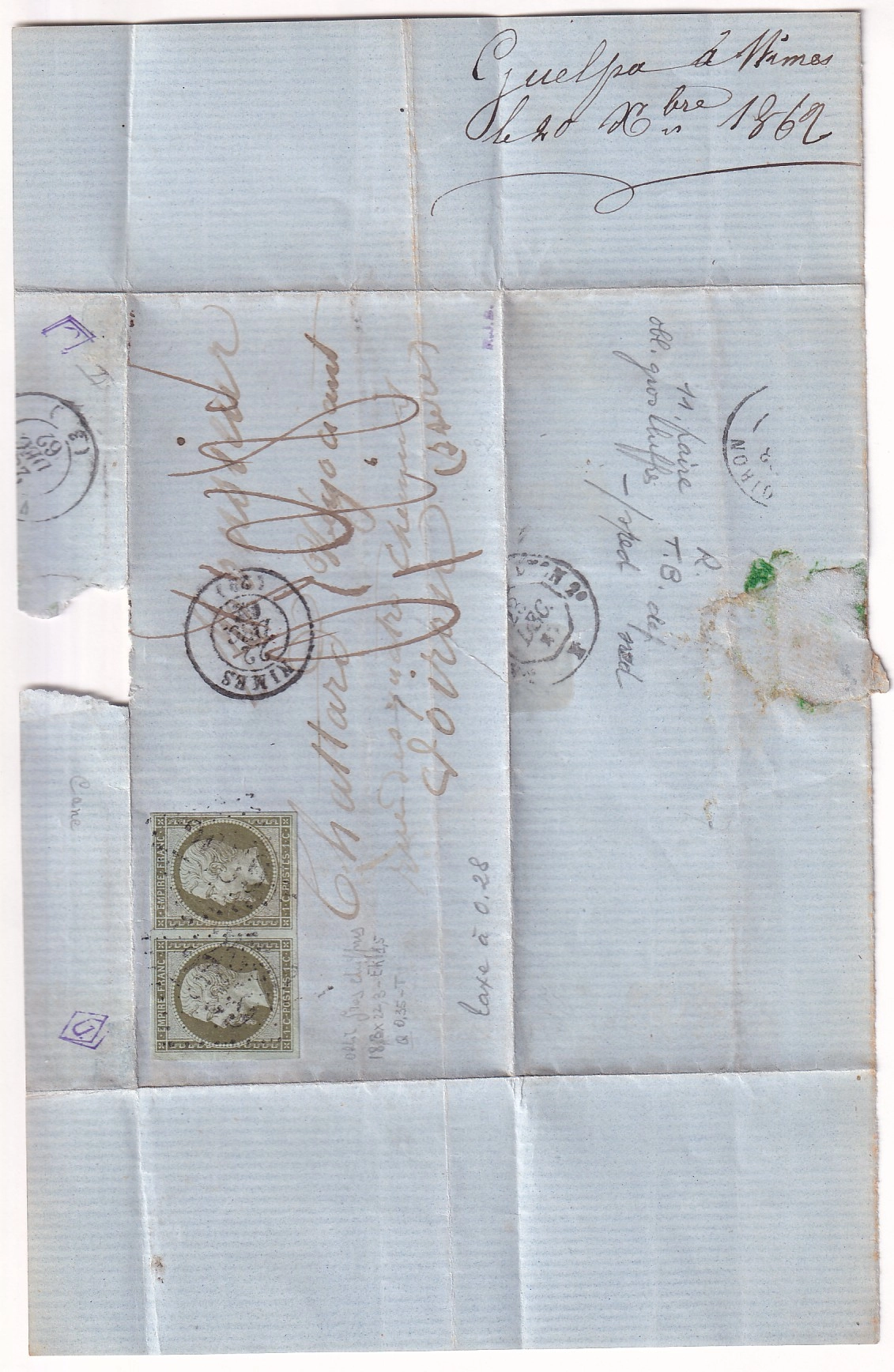 2 N°11 GC 2659 PAIRE NIMES GARD TAXE MANUSRITE 0.28 POUR VOIRON ISERE