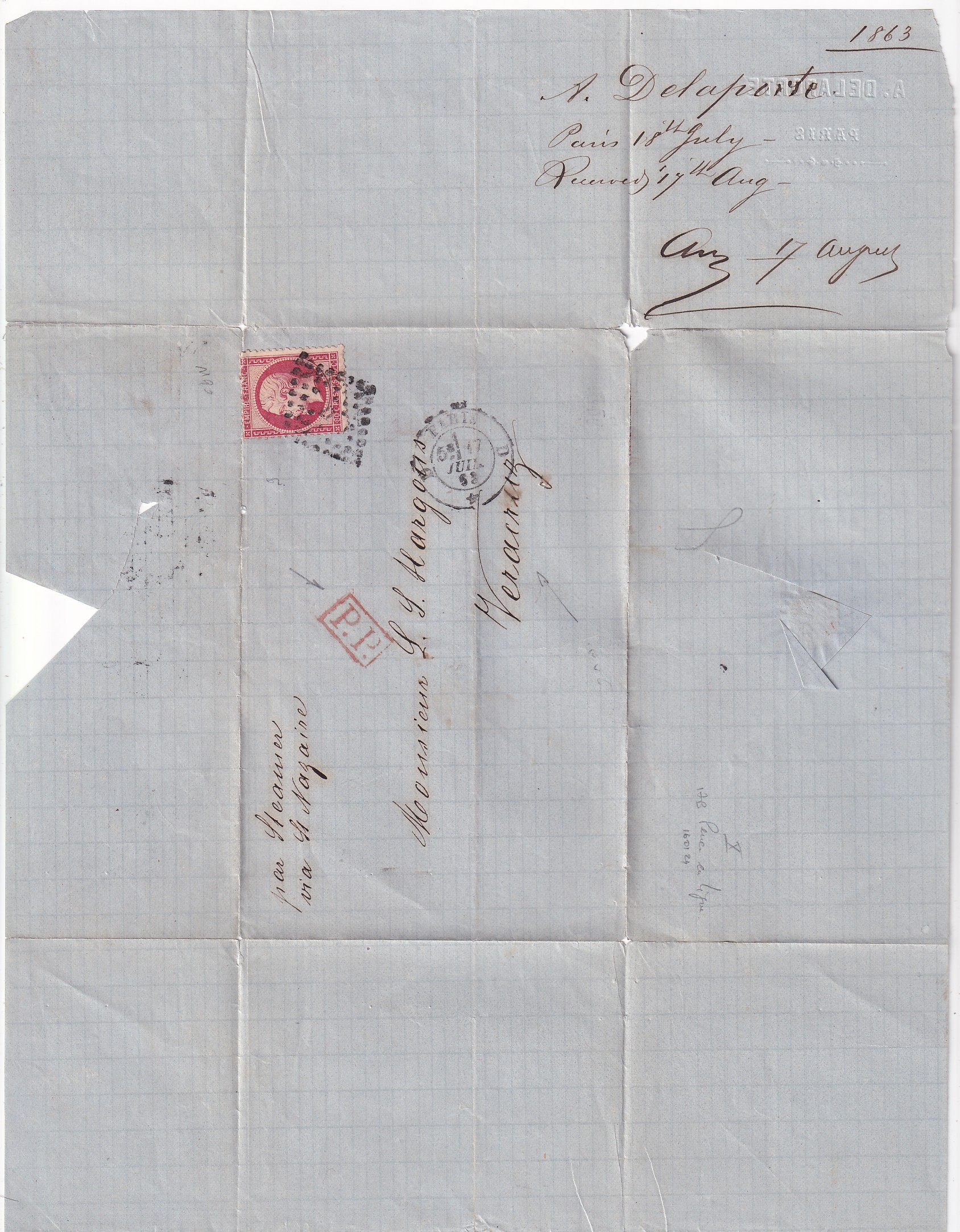 1 N°24 PARIS BUREAU D 1863 POUR VERACRUZ MEXIQUE
