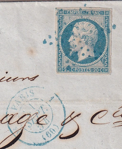 1 N°14 BLEU LAITEUX PARIS 1 (60) 1 ETOILE BLEU RARE INDICE 29 POUR LIBOURNE GIRONDE 21 SEPTEMBRE 1854