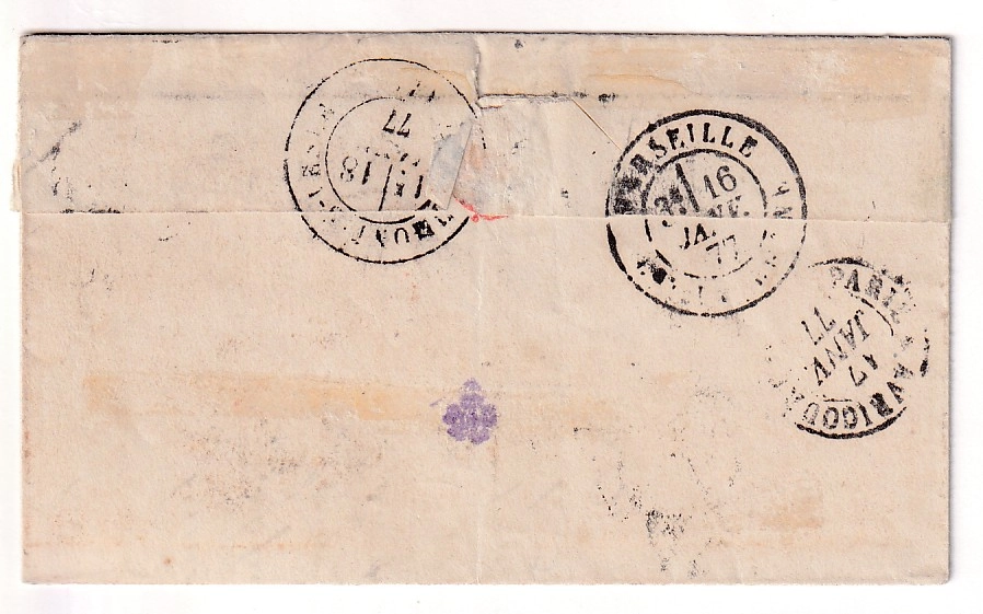 1 LETTRE D'UN DETENU A L'ILE DE NOU NOUVELLE CALEDONIE 31 OCTOBRE 1876 POUR BEAUMONT SUR VESLE MARNE ARRIVE 18 JANVIER 1877 COMMUNE DE PARIS