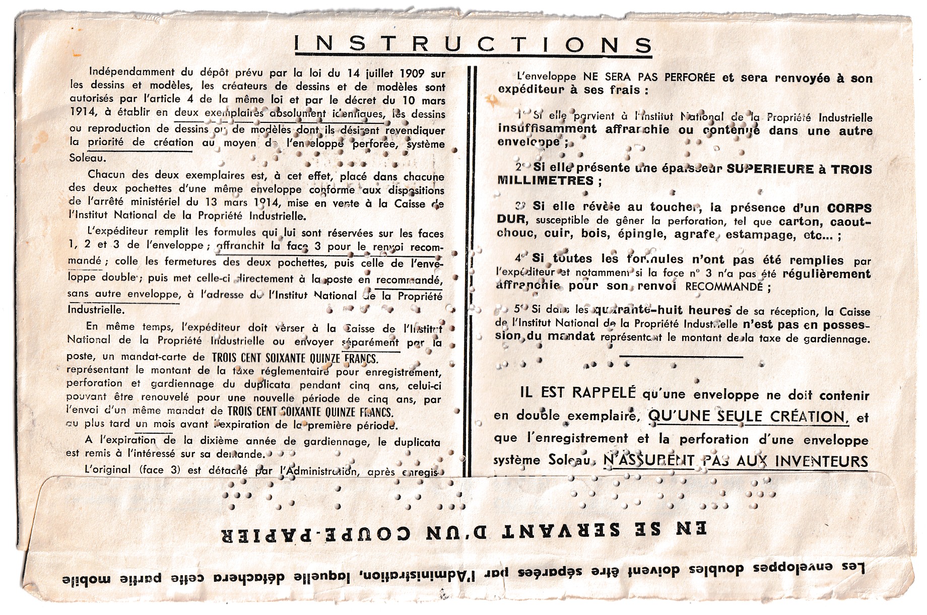 1 N°964 RECOMMANDE PARIS 1954 SUR ENVELOPPE PERFORE BREVETS SYSTEME SOLEAU