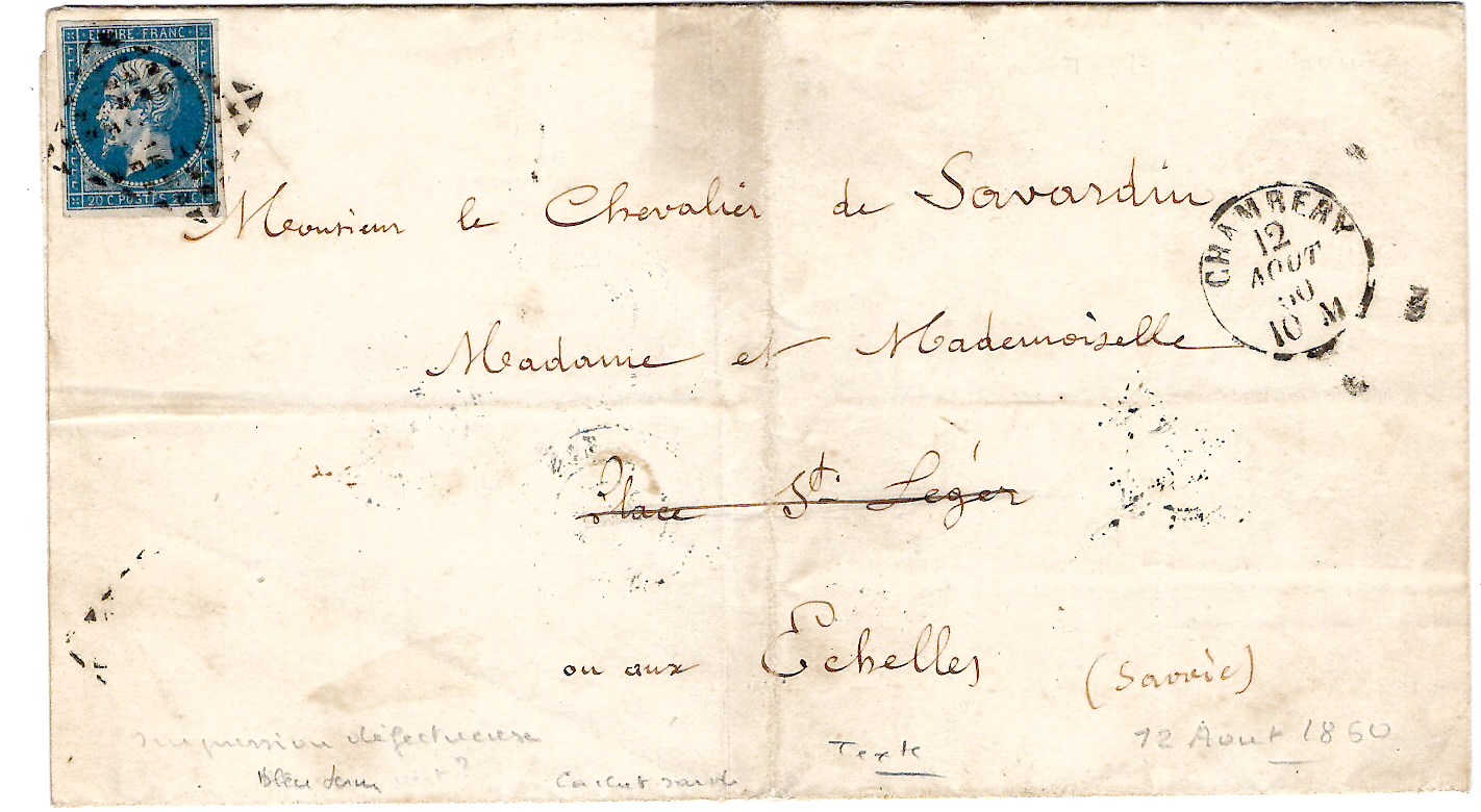 1 FRANCE N° 14 GRILLE ROMBI CACHET SARDE CHAMBERY 1860 LETTRE INVITATION EMPEREUR RARE