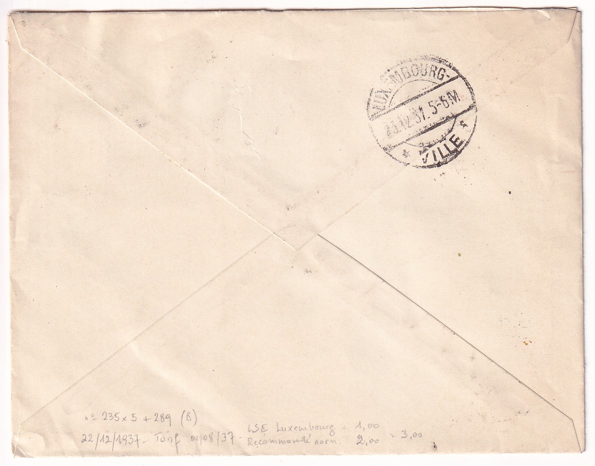 1 N°235 X5 289 RECOMMANDE ASNIERES TARIF RELATION POUR LE LUXEMBOURG 1937
