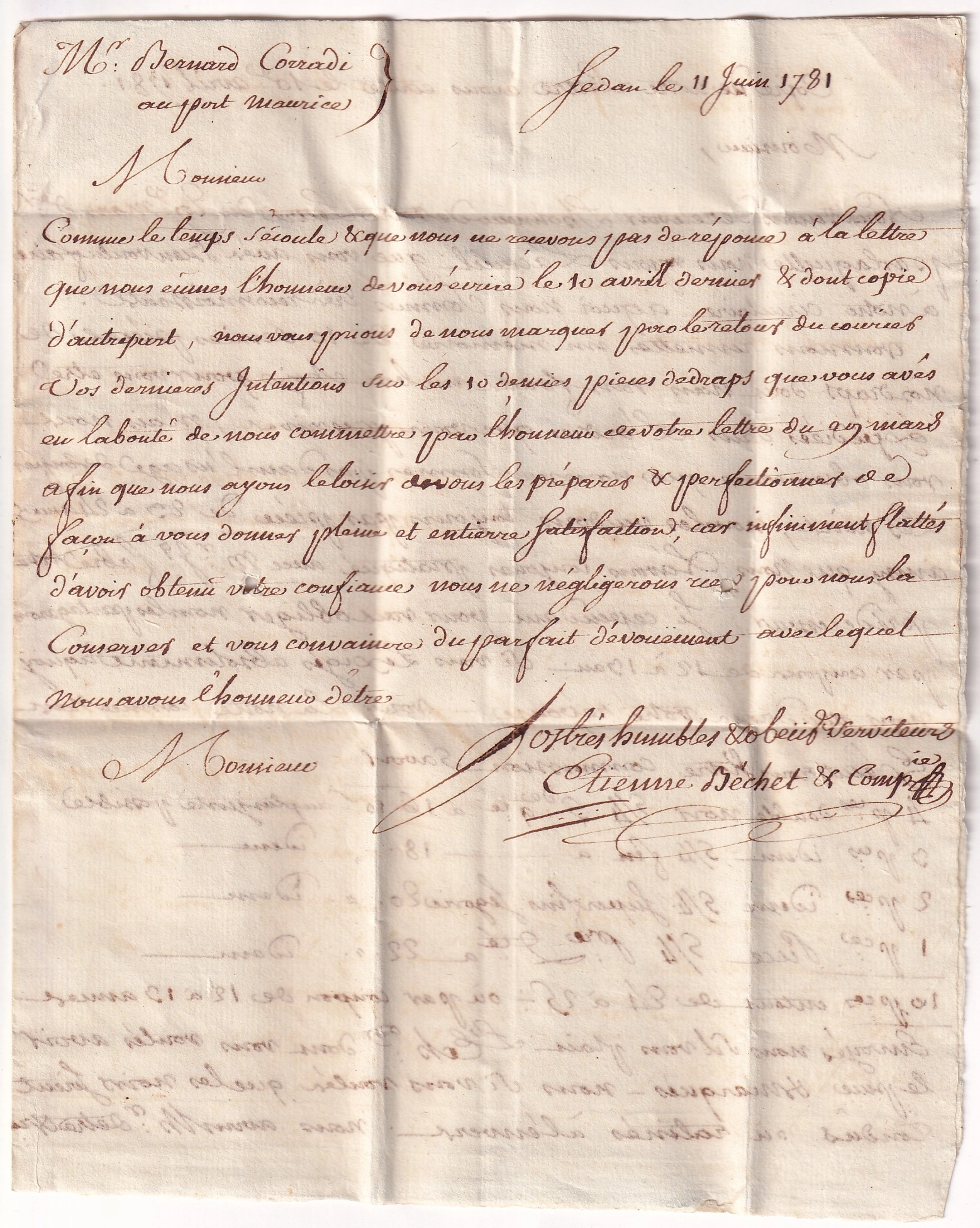 1 MARQUE SEDAN EN ROUGE + FRANC MANUSCRIT ARDENNES 1781 POUR PORT MAURICE ITALIE ITALIA