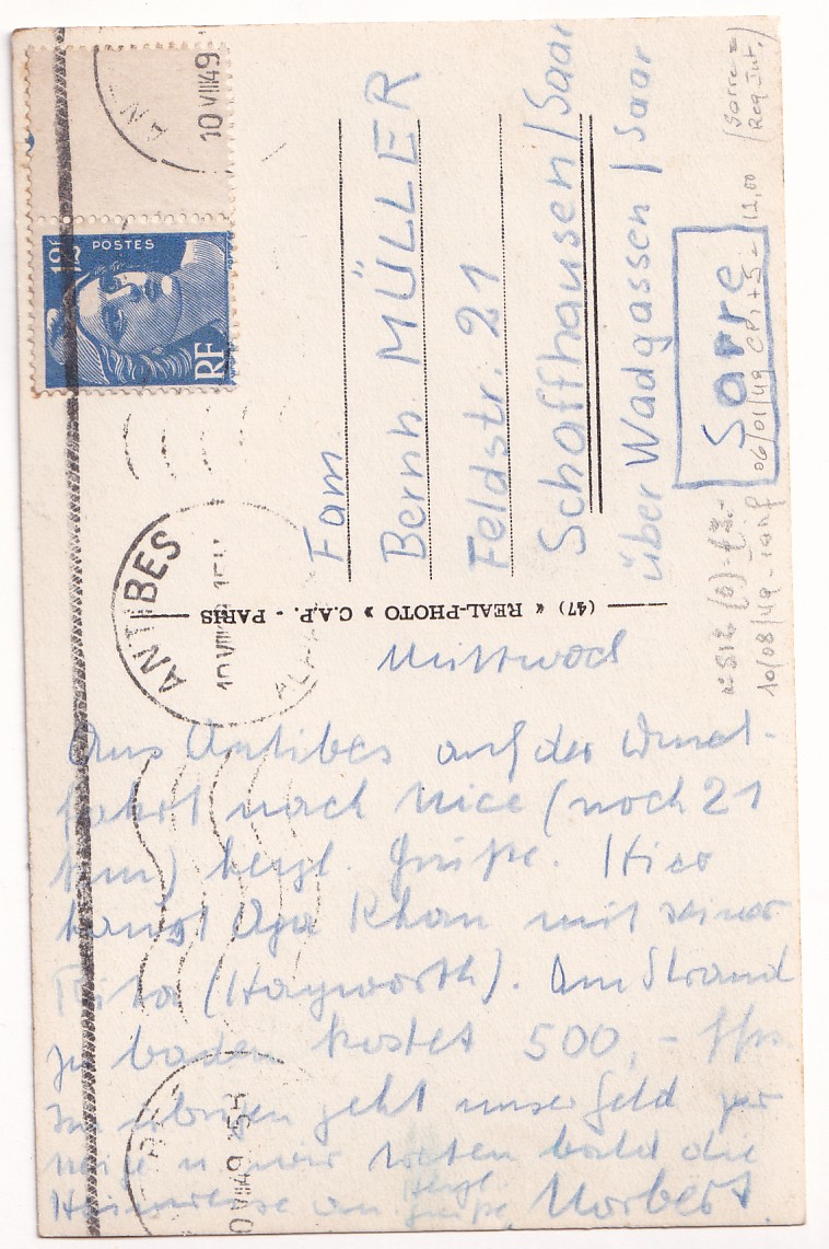 1 N°812 SEUL SUR CARTE POSTALE POUR SCHAFFHAUSEN SAAR 1949 DEPART ANTIBES ALPES MARITIMES