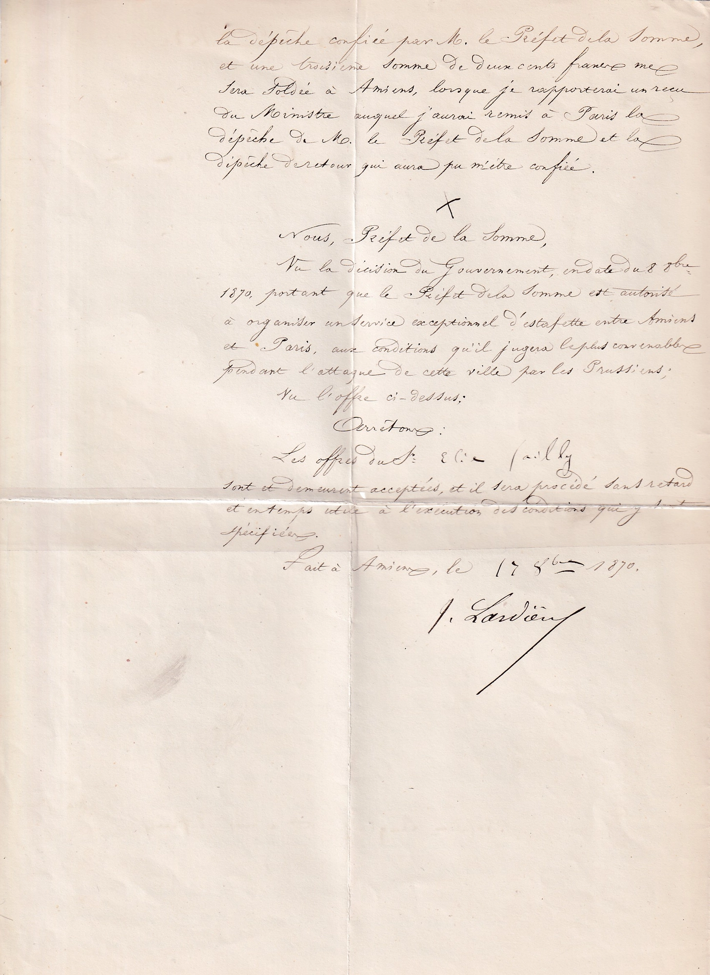 2 GUERRE 1870 EXCEPTIONNEL CONTAT D'UN PASSEUR PENDANT LE SIEGE DE PARIS FAIT A AMIENS PRFET DE LA SOMME 13 OCT 1870 + UNE LETTRE PAR CE PASSEUR