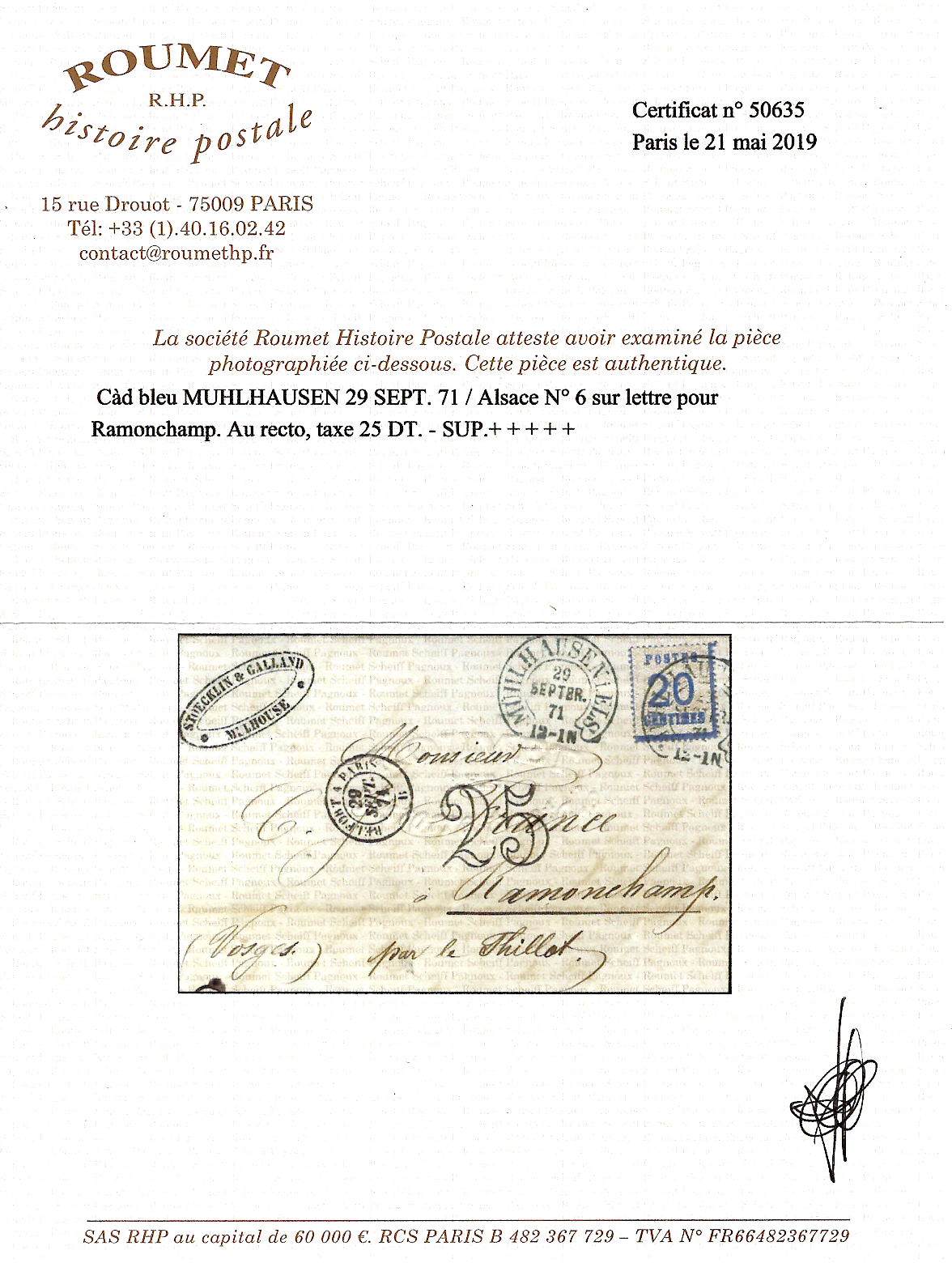 1 ALSACE N° 6 LETTRE CACHET FER A CHEVAL BLEU MULHAUSEN 29 SEPT 1871 POUR VOSGES TAXE 25DT  CERTIFICAT ROUMET