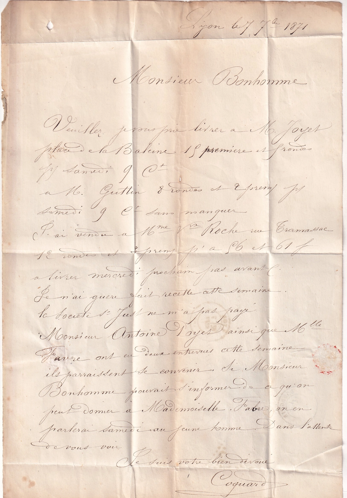 2 N°25 37 41B SIGNE CALVES GC 2145 LYON RHONE 7 SEPTEMBRE 1871 POUR BOURGOIN ISERE