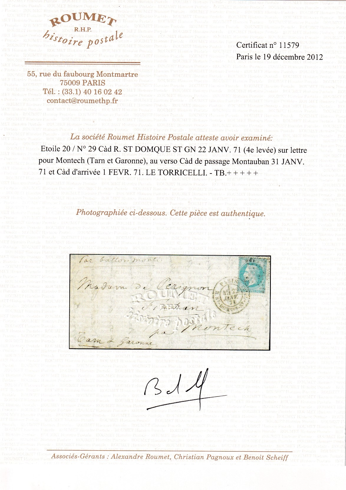 4 BALLON MONTE LE TORRICELLI PARIS 22 JANVIER 1871 POUR MONTECH TARN ET GARONNE 1 FEVRIER PASSAGE MONTAUBAN 31 JANVIER