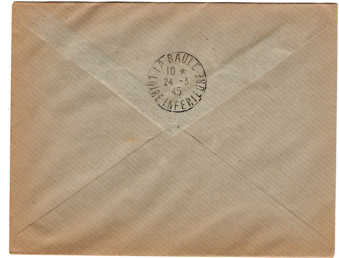 1 PETAIN 1FR BANDE DE 5 LETTRE REC LA BAULE 23.3.1943 ILOT ST NAZAIRE POCHE