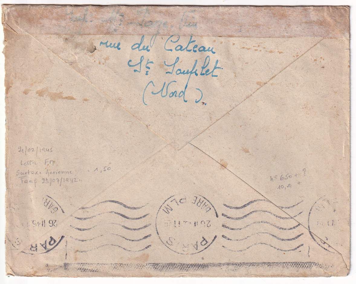 1 N°549 +650  MERCURE IRIS ST SOUPLET NORD 1945 POUR DJEDEIDA TUNISIE CENSURE OUVERT PAR OFFICIER ETAT CIVIL C.J CHANTIER JEUNEUSSE ???