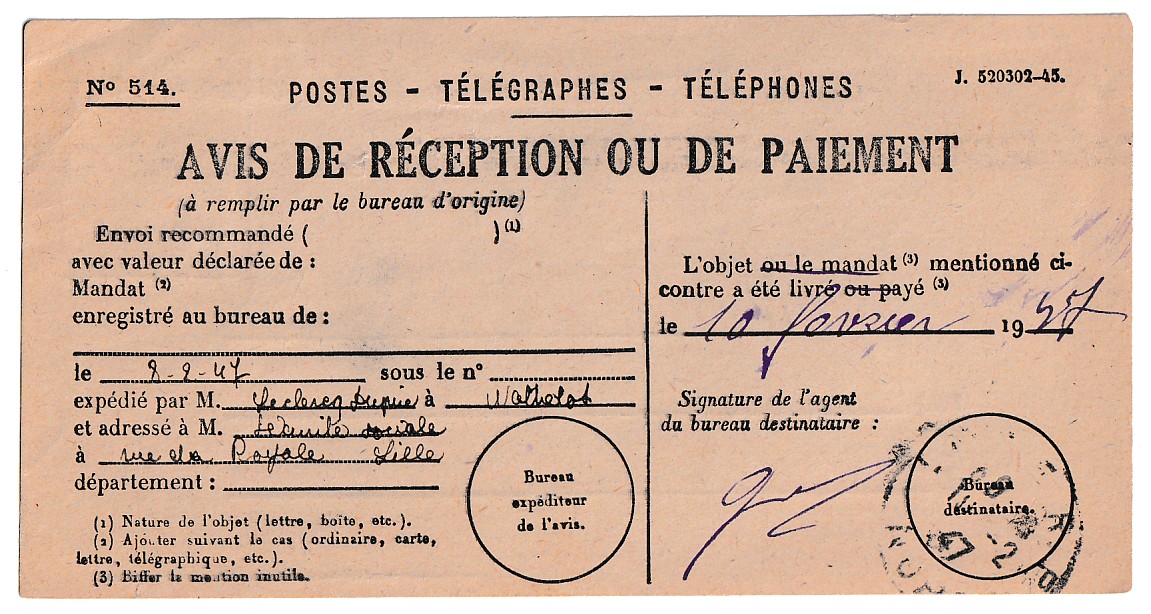 1 N°719 GANDON SUR AVIS DE RECEPTION 1947 WATTRELOS NORD