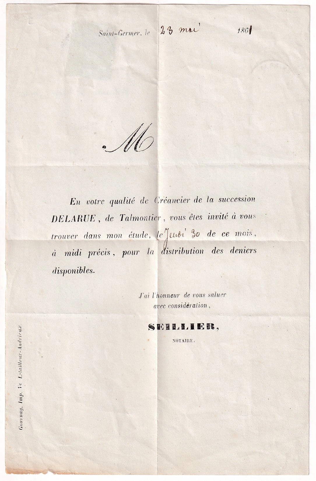 1 N°11 TTB CAD TYPE 22 ST GERMER DE FLY OISE SUR IMPRIME SANS BANDE
