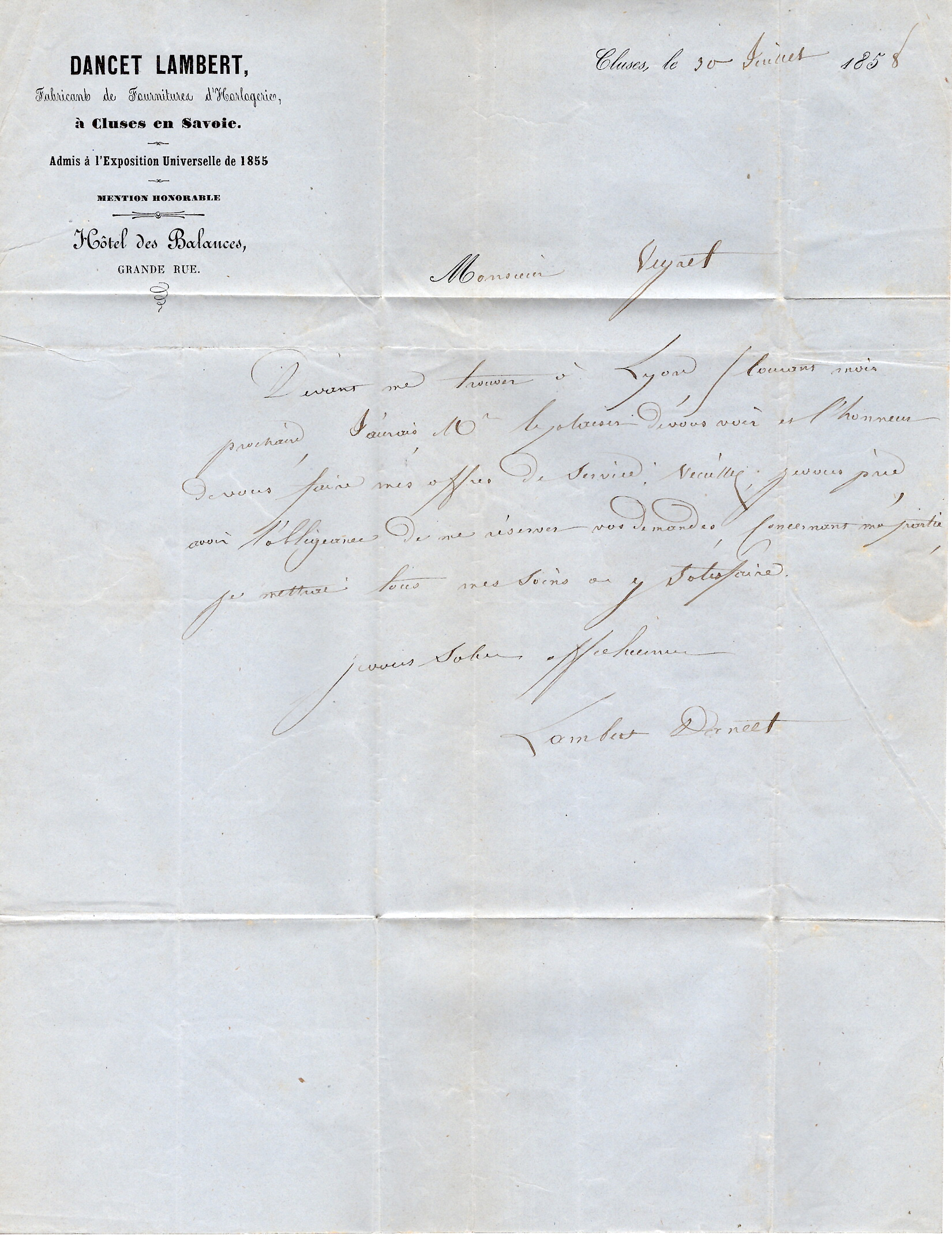 2 SARDE 40C+10C  CLUSES 29 JUIL 1858 LETTRE POUR LYON