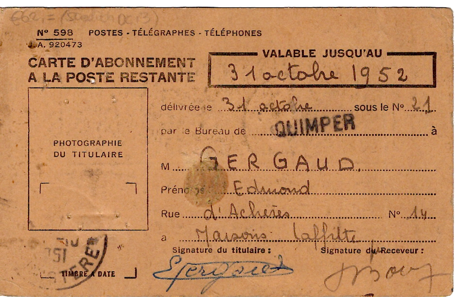 1 PA 500FR MARSEILLE SEUL CARTE ABONNEMENT POSTE RESTANTE QUIMPER 31.10.1951 AU TARIF