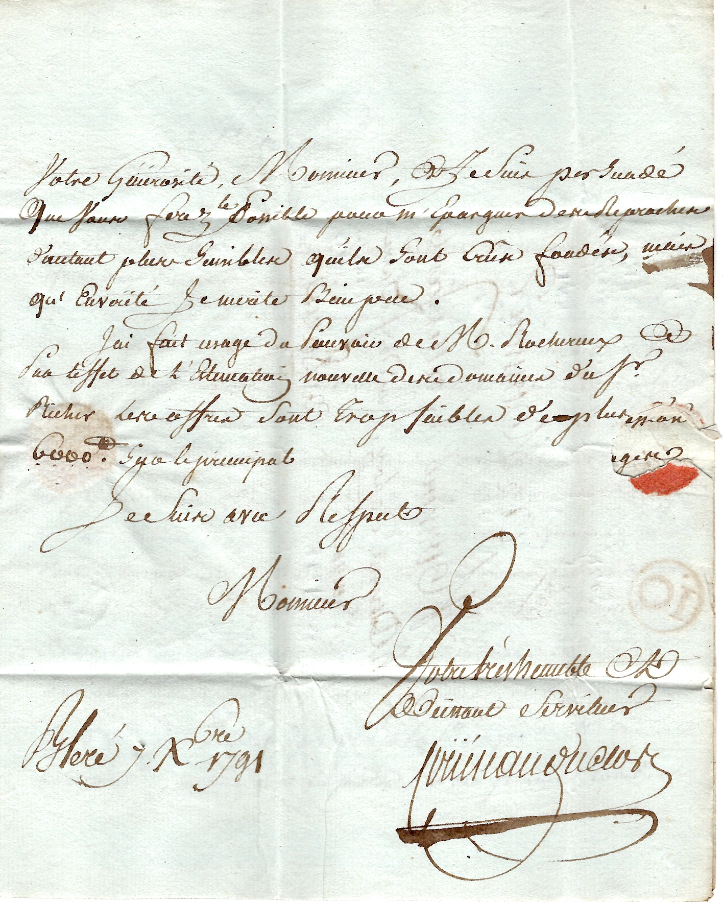 4 MARQUE MANUSCRIT BLERE 1791 LETTRE POUR PARIS VERSO CHIFFRE ROUGE 10