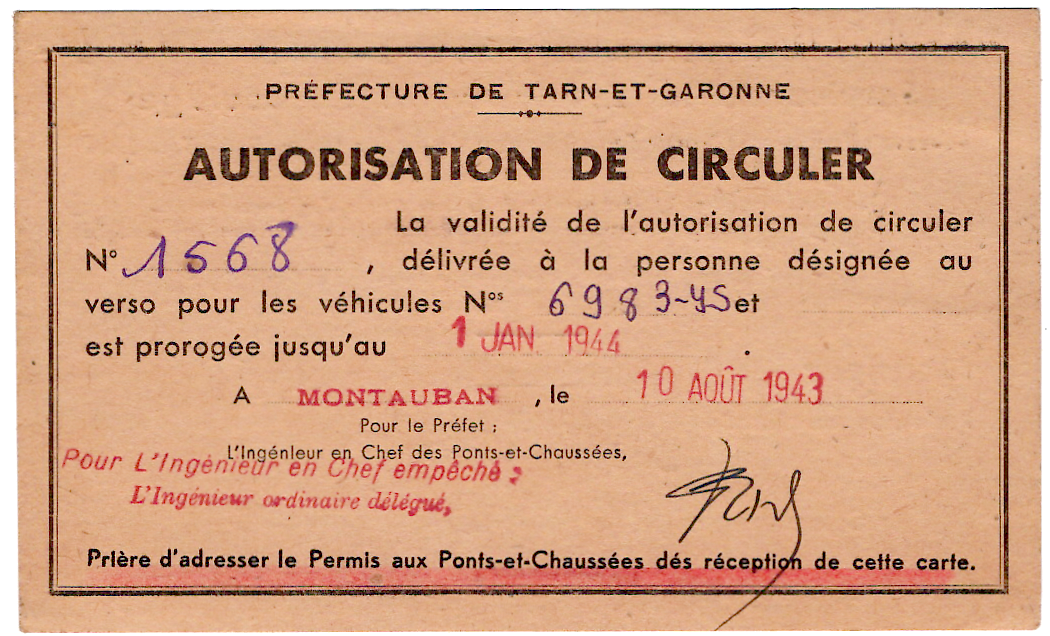 1 TAXE 50C+1FR MONTAUBAN TARN ET GARONNE 1943 SUR CARTE CIRCULATION PREFECTURE