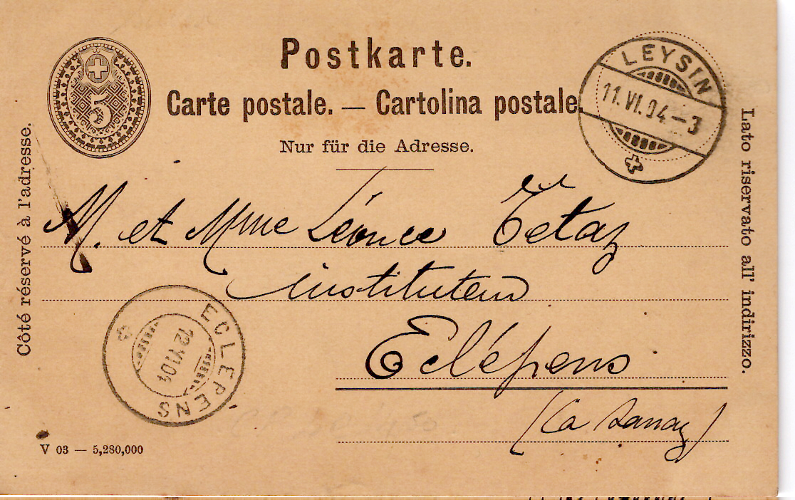 1 SUISSE HELVETIA ENTIER 5C POSTKARTE JEYSIN DESSIN AU DOS BARQUE DU LEMAN 1904 POUR ECLEPENS