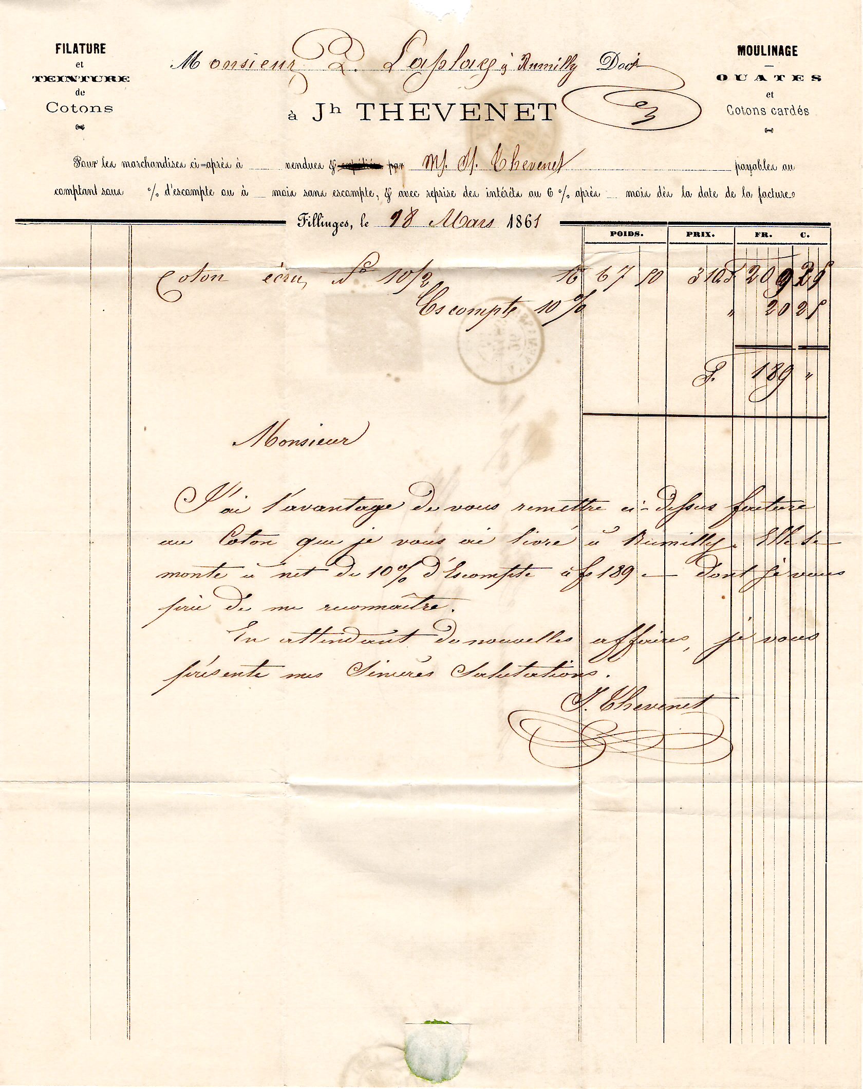2 FRANCE N° 14 PC 4200 TYPE 15 ANNEMASSE 26 MARS 1861 LETTRE FILATURE FILLINGES