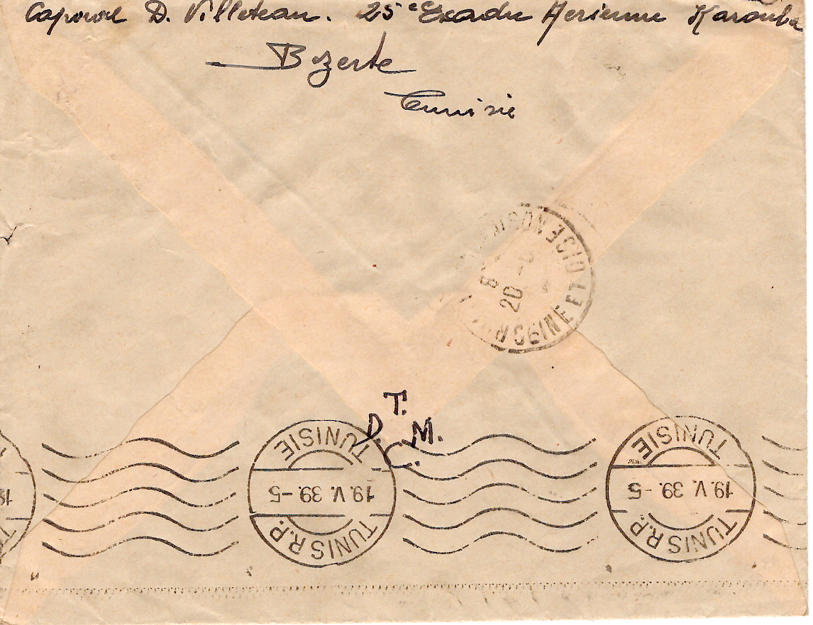 1 PAIX FM 65C MIXTE TUNISE 1FR LETTRE AVION BIZERTE 18.V.1939 + 25E ESCADRILLE