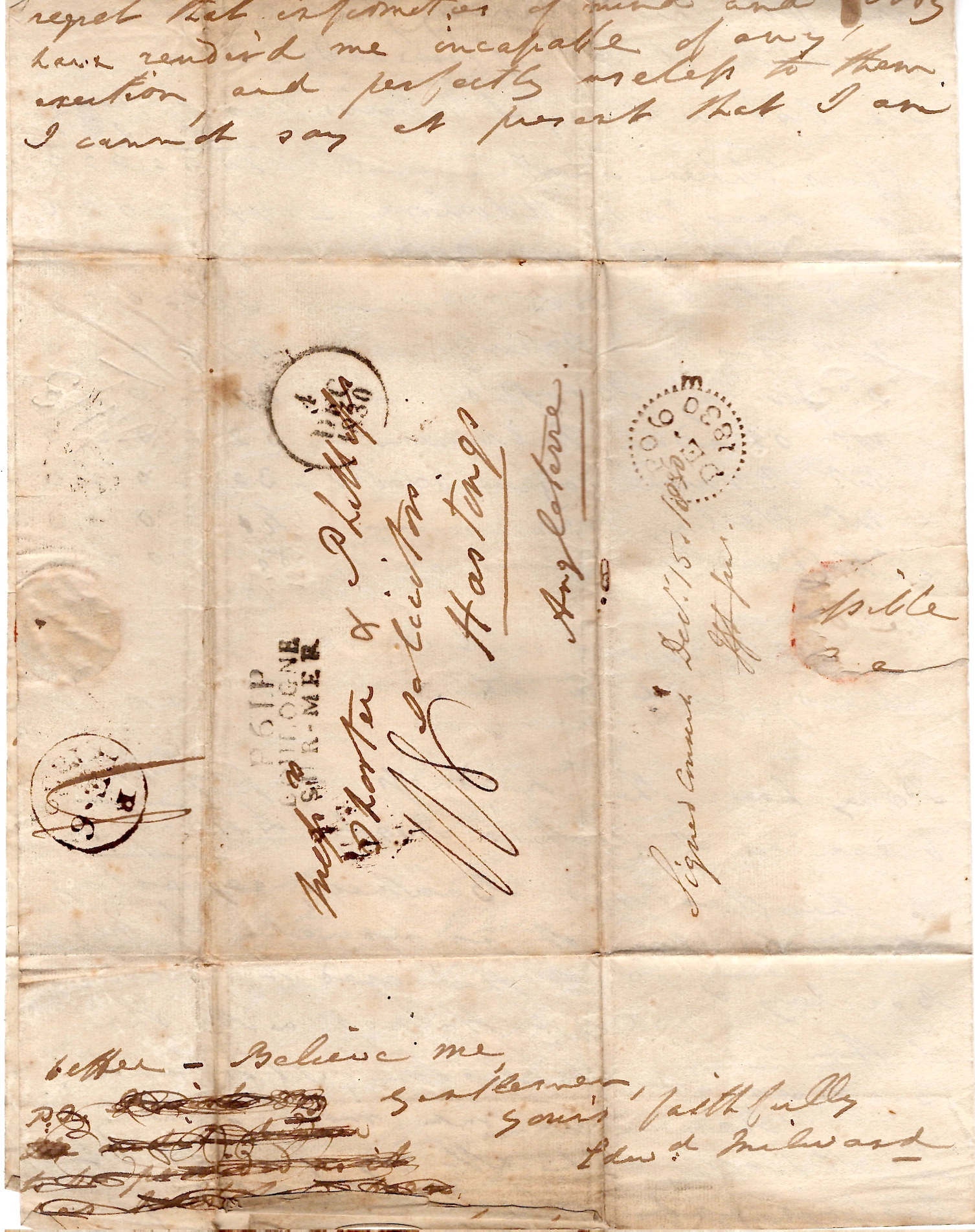5 PAS DE CALAIS MARQUE P 61 P BOULOGNE SUR MER + DATEUR 1830 LETTRE COVER ENGLAND HASTING