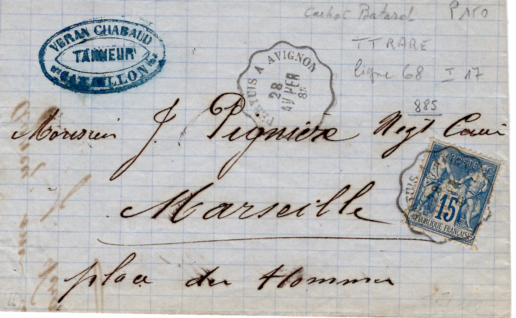 1 SAGE 15C LETTRE CONVOYEUR LE PERTUIS A AVIGNON AV. PER 1883 COTE 240€