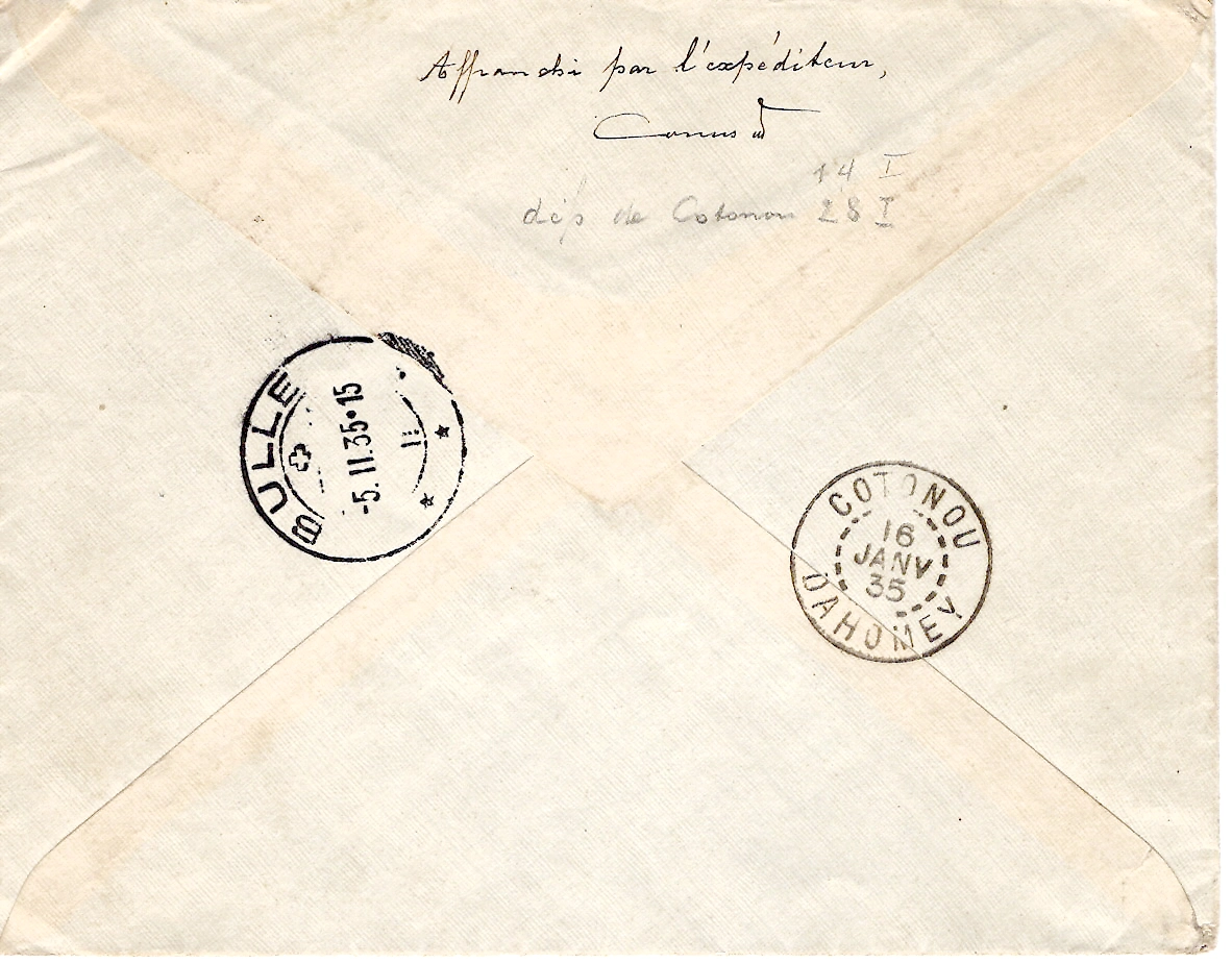 1 GABON SERIE EXPO COLONIALE LETTRE AVION COTONOU 17 JANV 1935 DAHOMEY POUR SUISSE