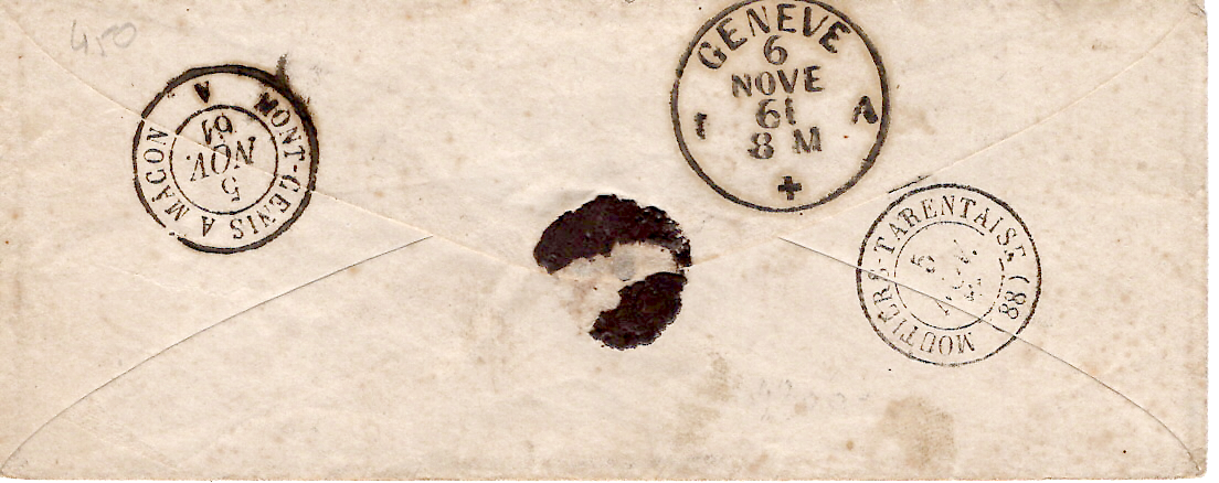 1 FRANCE N° 22X2 PC 42054 TYPE 15 BOZEL 5 NOV 1861 LETTRE POUR GENEVE RARE